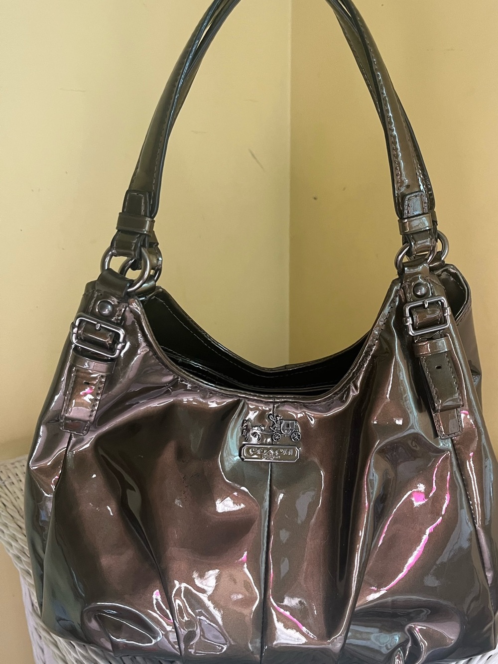 Coach Shiny Metallic patent pleated leather khaki/olive Shoulder Bag